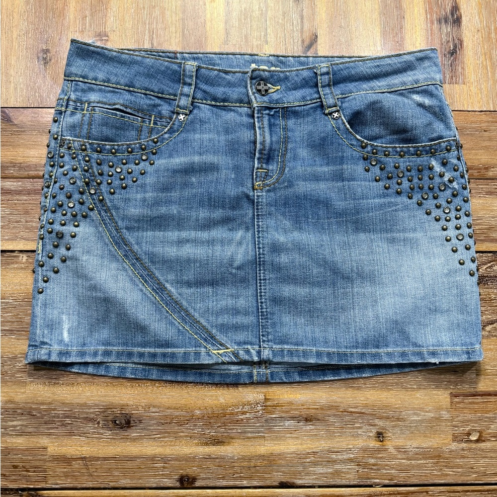 Y2K Tag Jeans Blue Denim Punk Studded Bejeweled Low Rise Mini Skirt . Size 31